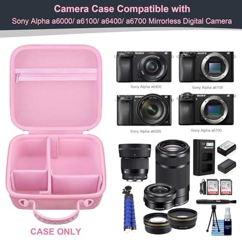 RAIALL Camera Case for Sony Alpha a6000/a6100/a6400/a6700/ Sony Alpha 7 II III IV/7R V Mirrorless Digital Camera and Lens, Vlogging Camera Hard Travel Bag with a Shoulder Strap and 3 Dividers, Pink — view 3
