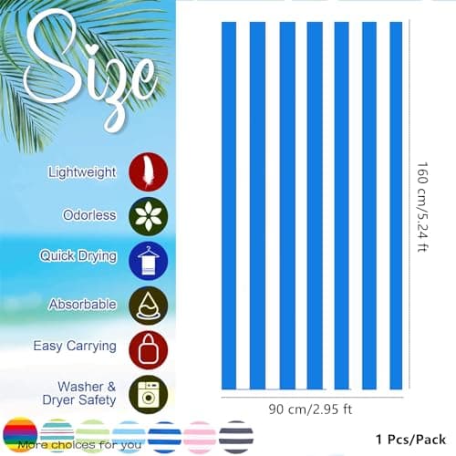 Large Microfibre Beach Towel for Adult,160x90cm Double Sides Blue Striped Sand Free Beach Towel,Lightweight Quick Dry Travel Swim Towel with Bag,Compact and Thin Sports Towel Yoga Gym for Women Men — view 2