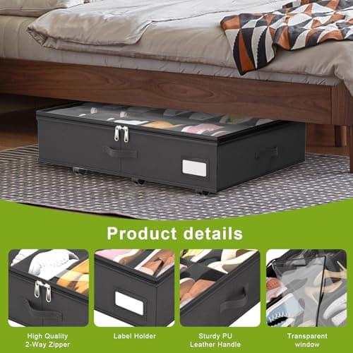 VERONLY Under Bed Shoe Storage Organiser with Wheels for Closet Fits 24 Pairs- Sturdy Underbed Shoe Storage Box Bins,Set of 2 (Black) — view 4