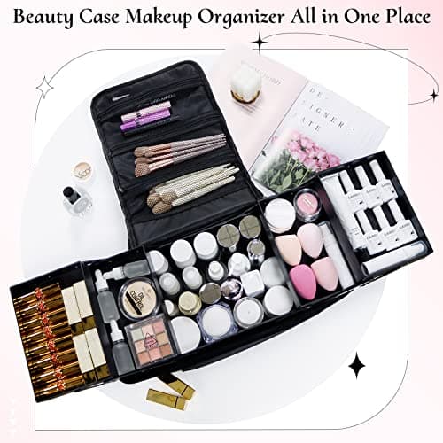 Feibrand Makeup Organiser Box Vanity Cases: Professional Cosmetic Boxes - Large Travel Make up Bag Storage Nail Art Kit Beauty Cases - Black Cosmetics Bags Organizer Set for Girls & Women — view 2