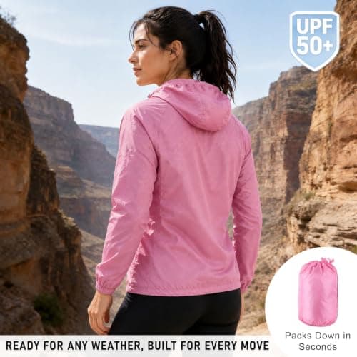 ADUDVLO Men's Lightweight Waterproof Jacket with Pockets, Packable Hooded Windproof Rain Jacket for Travel, Running & Hiking – Includes Carry Pouch (UK, Alpha, S, Regular, Regular, Pink) — view 6