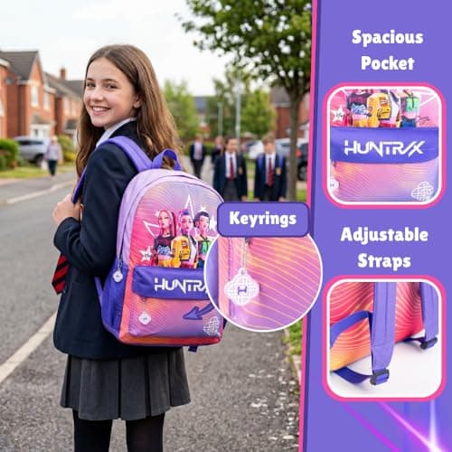 KPop Demon Hunters Huntrix Girls Pink Backpack | Cartoon Character School Bag with Zipper Closure | HUNTRIX Streetwear Rucksack for Kids | K-Pop Demon Hunters Merch — view 3