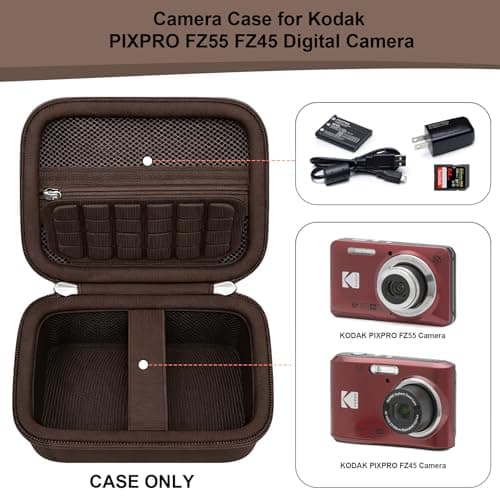 RAIALL Camera Case for Kodak PIXPRO FZ55 / FZ45 / C1 Digital Camera, Vlogging Camera Hard Carrying Case Protective Travel Bag, Mesh Pocket for Charger, USB Cable, Batteries and SD Card, Brown — view 3