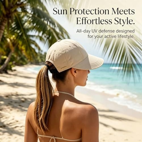 Women's Wide Brim Sun Visor Hat, UPF 50+ UV Protection Cap for Ponytails, Adjustable Packable Breathable Sun Visor Hat for Travel Golf Beach Fishing Daily Wear，Beige — view 3