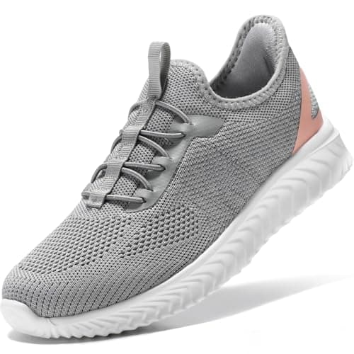 STQ Womens Slip on Trainers Travel Essentials Lightweight Walking Gym Shoes with Arch Support Knit Ladies Summer Spring Shoe Light Grey Pink UK 7 / US 9