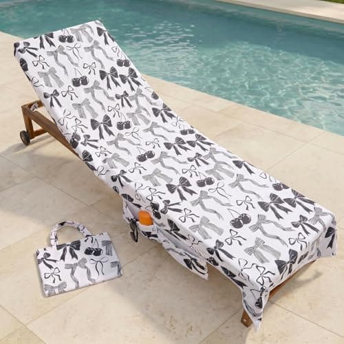 OHS Bow Print Sun Lounger Towels with Pockets, Soft Quick-Dry Absorbent Beach Towels for Adults Sunbed Towel Microfibre Large Beach Towel in a Bag Summer Holiday Essentials, 75 x 215cm - Monochrome — view 3