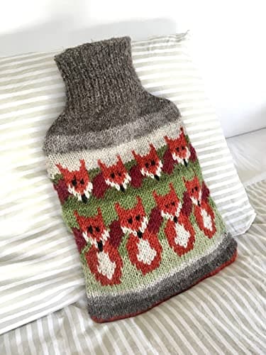 Pachamama Handknitted 100% Wool Hot Water Bottle Cover and 2 Litre Hot Water Bottle - Fox Pattern Handmade Fair Trade Multicoloured Thermal — view 6