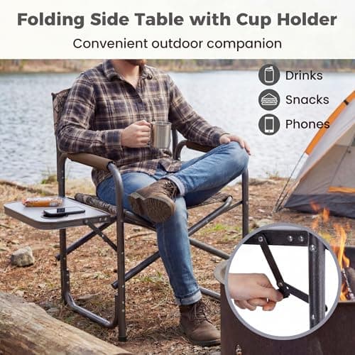 TANGZON Folding Camping Chair, Portable Comfy Directors Chair with Side Table & Cup Holder, Heavy Duty Oversized Seat for Garden Fishing Beach Picnic (Camouflage, 82 x 46 x 88 cm, no Storage Pocket) — view 4