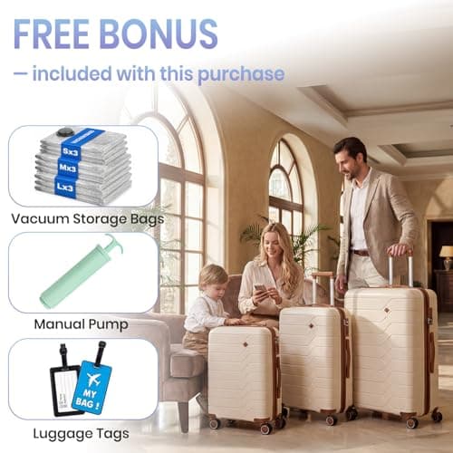 H.yeed 3 Piece Suitcase Set PP Hard Shell Luggage Set Lightweight Carry on Travel Hand Luggage with Spinner Wheels & TSA Lock 20" 24" 28" (Beige, 3 pcs Set) — view 3