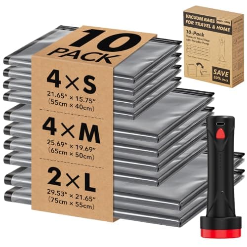 MEIQIHOME 10 Pack PackEase Travel Vacuum Bags 1500mAh Wireless Pump, 80% Compression Space Saver for Luggage, Clear PA+PE Reusable Seal Bags for Clothes, Portable Electric Air Pump for Travel & Home