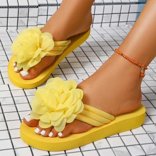 Flip Flop Sandals with Floral Design Flat Beach Slippers for Summer Casual Comfort and Outdoor Relaxation (Yellow, 5) — view 6