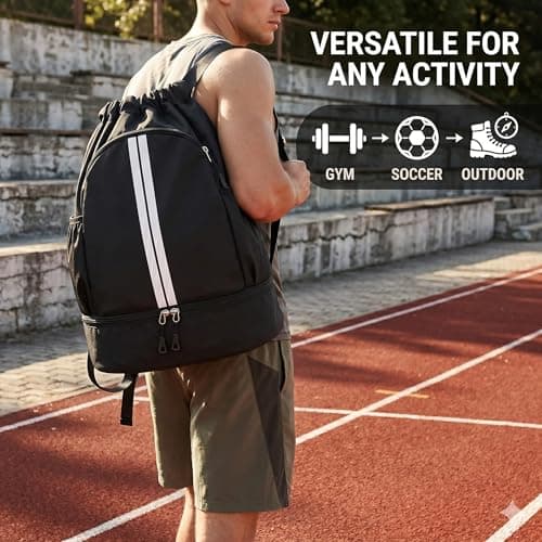Black Unisex Drawstring Backpack with Shoe Compartment, Water Resistant — view 5