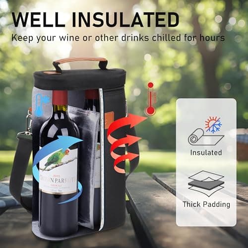 Kato Tirrinia Insulated Wine Cooler Bag, 2 Bottle Padded Wine Tote Carrier for Picnic, Beach, Camping, Wine Lover Gift, Black — view 3
