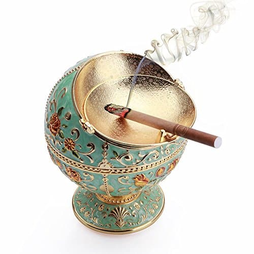 MALAYAS Vintage Windproof Cigar Ashtray, Light Green Alloy, Hand Stamped Pattern, Portable, with Lid and Odor Eliminator, ASHTRAY, Medium, Round, Enamel, Modern, Vintage, Green, Nickel — view 2