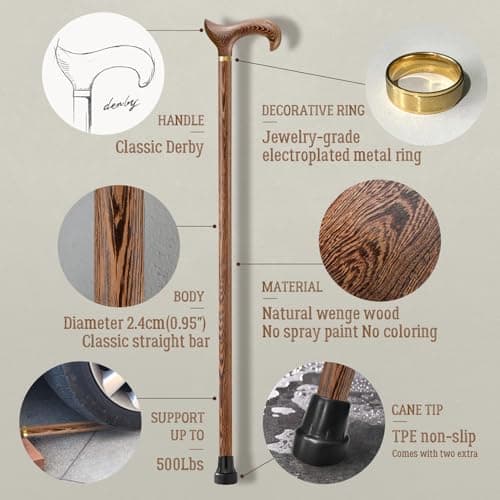 ispuoocti Wooden Walking Stick, Derby Ergonomic Natural Wood Cane, Handmade High Load Bearing Walking Sticks for Men Women Elderly Brown — view 5
