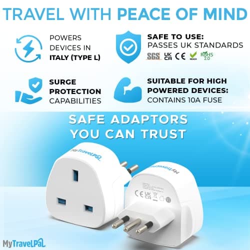 MyTravelPal UK to Italy Plug Adapter | UK Safety Standards Travel Adapter — view 4