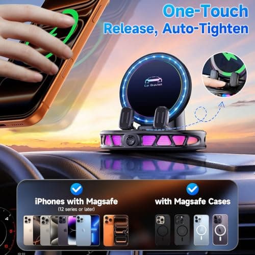 Foluu 360° Rotating Wireless Charging Car Phone Holder with RGB Ambient Light, 15W Fast Charging One-Click Auto Locking Dashboard Holder for Car Navigation, Compatible with iPhone & Android — view 4