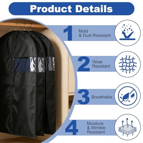 2 PCS Dust-Proof Suit Bags for Men, Foldable Suit Cover with Clear Window, Reusable Suit Bag with Black Zipper for Coats, Dresses, Jacket, Clothes(24''X40''/60x100cm) — view 4