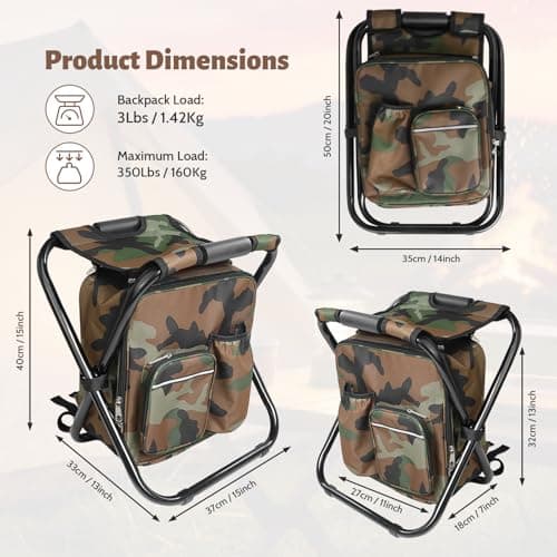 SDLDEER Foldable Camping Chair Backpack with Cooler Insulated Picnic Bag, Detachable Portable Camping Stool Hiking Seat Table Bag for Outdoor Indoor Fishing Travel Beach (Camouflage) — view 3