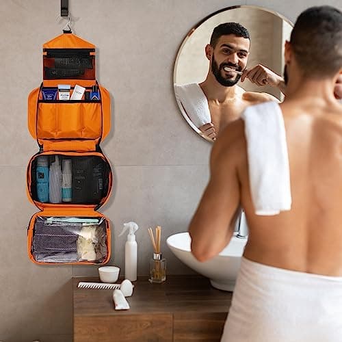 homchen Hanging Travel Toiletry Bag, Waterproof Folding Portable Cosmetic Wash Bag for Men and Women (L, Orange) — view 6