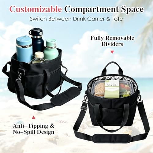Family Size 4 Compartment Insulated Drink Storage Bag, Multi-Cup Water Bottle Bag Carrier Caddy with Adjustable Shoulder Strap | Hands Free, Reusable for Travel, Picnic, Family Outings (Black) — view 5