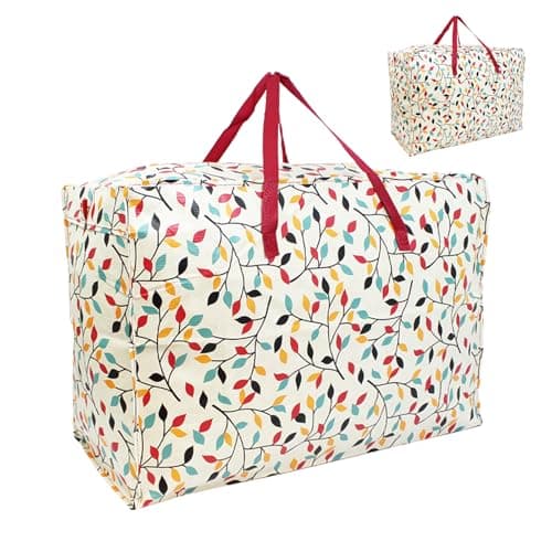 Extra-Large 100L Storage & Shopping Bag – Heavy-Duty PVC Zip Holdall for Laundry, Moving, Travel & Home Organisation - Leaves