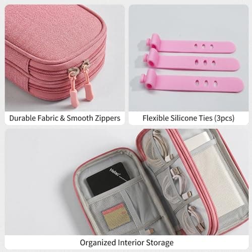Cable Organiser Bag, Pink Cable Bag, Travel Organiser With Three Straps, Double-Layer Design, Travel Accessories for Storing Chargers, Power Banks and Headphones — view 4