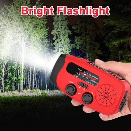 Wind Up Solar Radio, Emergency Radio, Portable Hand Crank Radio, AM/FM Radio with LED Torch, 7400mWh Rechargeable Power Bank, SOS Alarm, USB Phone Charger, Emergency Use for Camping Hiking (Red) — view 6