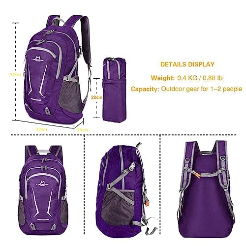 Loocower 45L Ultra Lightweight Foldable Backpack Hiking Daypack Walking Rucksack Water Resistant Packable Camping Mountaineer Outdoor Sport Knapsack for Men Women (05.Purple) — view 2