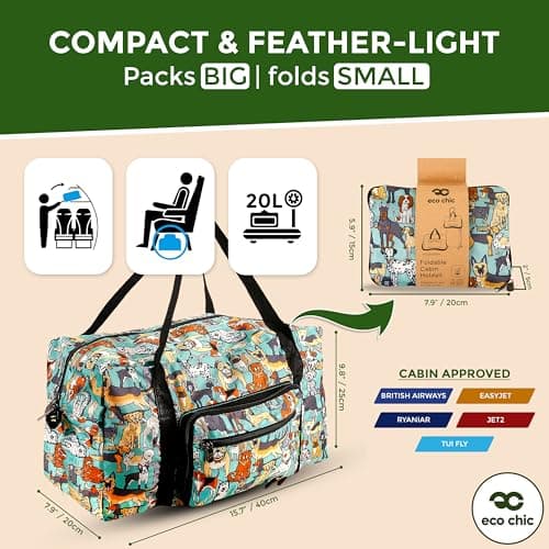Eco Chic Recycled Cabin Holdall Bag, 40x20x25 for Ryanair Underseat Carry-On Luggage, Lightweight Foldable Water-Resistant Travel Duffle (Dogs Teal) — view 3