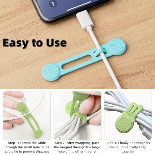 Reusable Magnetic Cable Ties, Strong Silicone Cord Organiser & Cable Tidy with Anti-Loss Hole for Desk Wire Bundling, Earphones, 8-Pack (4 Assorted Colours) — view 5