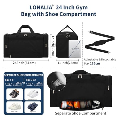 LONALIA 54L Mens Sports Gym Bag with Shoes Compartment - 24 inch Holdall Duffle Bags for Football Fitness Weekend (Black) — view 2
