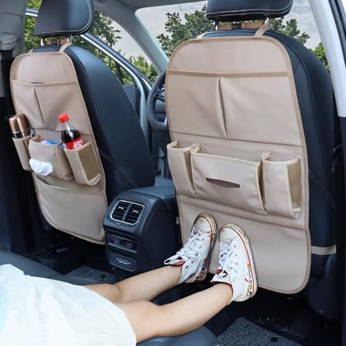 pefirst Car Backseat Organizer for Kids, Car Back Seat Storage Bag With 3 Pockets, 2 Drinks Holders, Water Resistant, Kids Toy Storage Kick Mat Back Seat Protector for Toddlers (Beige 1-Pack) — view 2