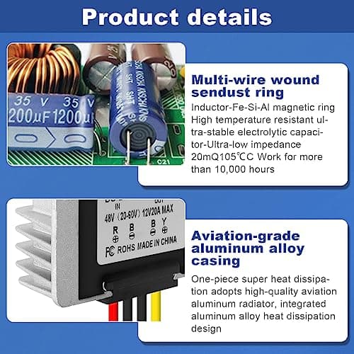 Jadeshay DC Converter,36V 48V 60V to 12V 20A DC Voltage Reducer Converter Step Down Voltage Converter Regulator Power Supply Transformer Module Waterproof Buck Converter with Short Circuit Protection — view 4
