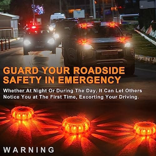 Amzpas USB Rechargeable LED Road Flares Emergency Lights-Roadside Warning Car Safety Beacon Flashing Disc Flare Kit with Magnetic Base & Hook for Vehicles & Boat(3 Pack-Orange Light) — view 2