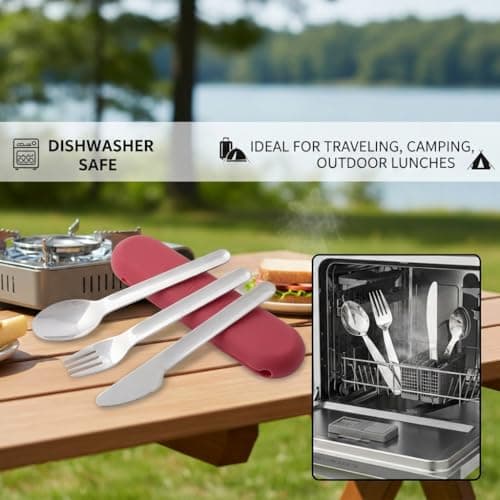 Kichna Travel Cutlery Set with Silicone Case – Reusable Knife Fork Spoon Set, Stainless Steel Portable Utensils for Lunch Box, Work, Camping & Travel – Dusty Berry Red — view 3