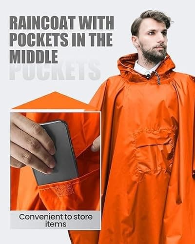 Evolpor Poncho Waterproof Adult, Rain Poncho Adult Waterproof Lightweight Reusable Adult Waterproof Poncho, Waterproof Rain Poncho for Outdoor Camping Hiking Traveling Cycling Deep Orange — view 5