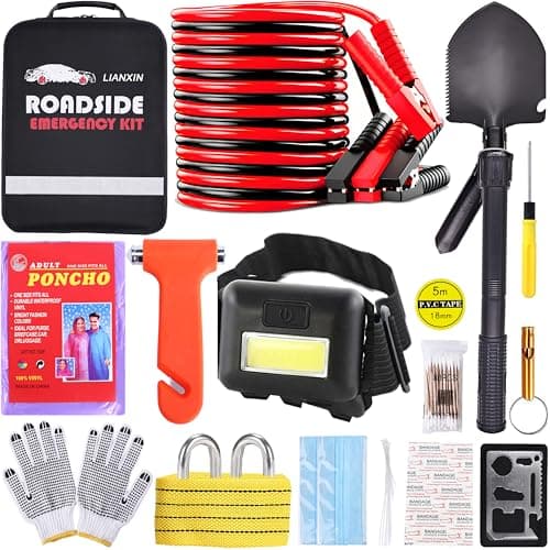 Car Emergency Kit, Roadside Safety Kit with Jumper Cables, Safety Hammer