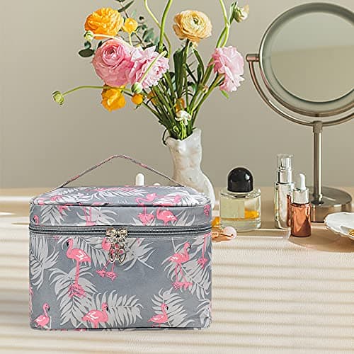 Toiletry Bags for Women, Large Cosmetic Storage Toiletry Bag, Double Zipper Travel Make Up Bag, Flamingo Toiletry Wash Bag, Waterproof Makeup Organizer Bag with Handle for Women Teenage Girls(Grey) — view 6