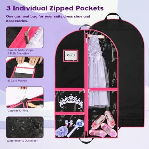 Costume Garment Bags for Dancers, Garment Bags with 3 Clear Zipper Pockets, Clothes Covers Protector Bags for Suits, Travel & Sports Jersey, Cheer Uniform, Cosplay (Pink, 2 Pack (40inches)) — view 6