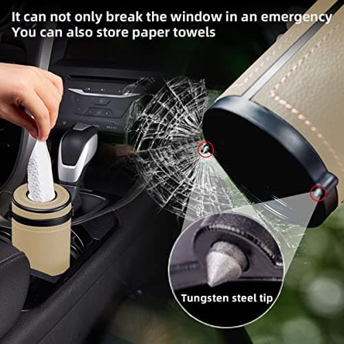 Moioee Car Tissue Holder, Cylinder Tissue Box with Window Breaker, PU Leather Round Tissues Container for Auto Cup Holder, Travel Facial Tissues Organizer for All Vehicles (Beige) — view 5