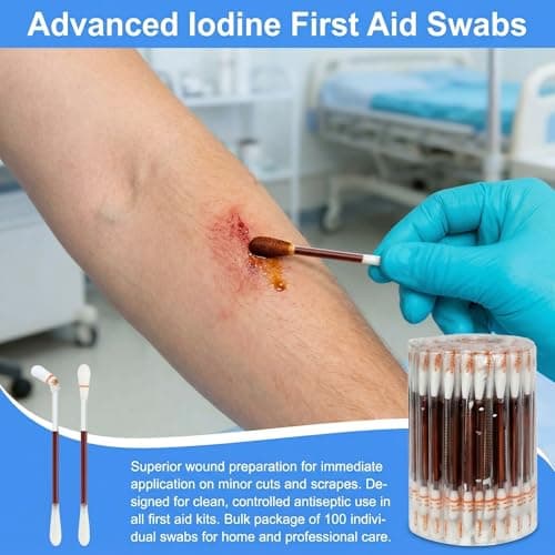 FOMIYES 100 Pieces Disposable Iodine Cotton Swabs, Individually Wrapped Iodine Swabs, Disinfection Cotton Sticks Buds for Scrapes,Cuts, First Aid, Travel & Emergency Use — view 2
