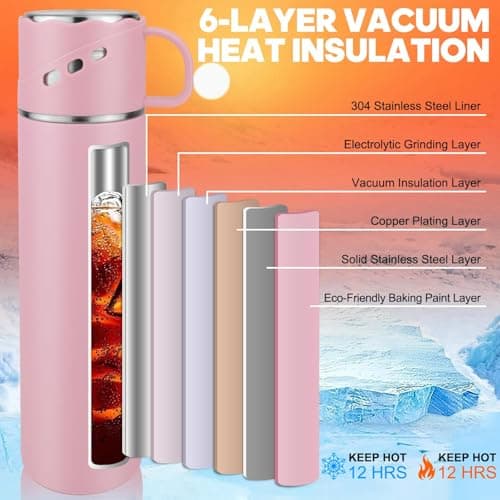 BEIJIE Travel Mug, 550ml Stainless Steel Insulated Hot Water Bottle, Vaccum Thermal Flasks for Hot and Cold Drinks 12h, Metal Water Bottles with Leakproof Cover and Handle, for Kids Men Women - Pink — view 3