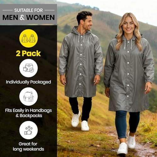 REDSTAR 2 Pack of Rain Ponchos - Long Rain Poncho Waterproof Adult Raincoats with Hood - Reusable Rain Coats for Women or Rain Coats for Men -Packable Rain Jacket for Festival Accessories (Grey) — view 5