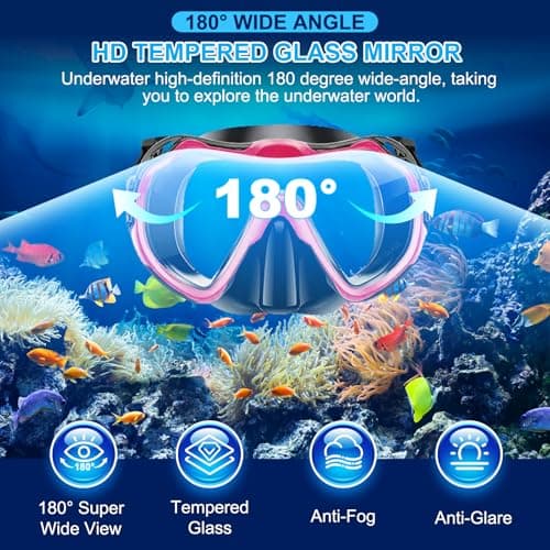 Snorkel Set Adults, Scuba Snorkelling Packages with Anti-Fog Panoramic View Swimming Goggles,Dry Snorkel Set Suitable for Snorkeling Diving Swimming (Pink) — view 3