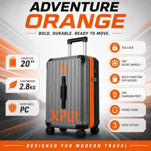 XPLR 55x34x24cm Cabin Suitcase - Hard Shell 20" Carry On Bag Luggage - USB Charging Port - Cup Holder - TSA Lock - 360° Wheels - Lightweight 2.8kg Hand Luggage for Travel (Adventure Orange) — view 2