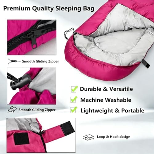 Sleeping Bag for Camping,3 Seasons Sleeping Bags for Adults Backpacking Waterproof, Small Packed Compact Carry Bag, Soft,Thick and Warm for Outdoor Travel,Hiking (Rose Red-Warm Weather 15-25°C) — view 3