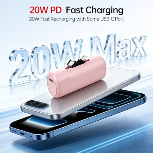 iWALK 5500mAh Portable Charger, 20W Fast Charging Power Bank with Built-in USB-C & Lightning Connectors, Mini Plug-in Battery Pack for iPhone 17/16/15/14/13/12, Android Phones & AirPods, Pink — view 3