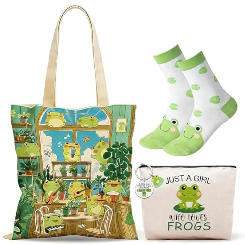 CYGMRFH 4Pcs Frog Lover Gifts for Women – Canvas Tote Bag, Makeup Pouch & Keychain, Just a Girl Who Loves Frog Sock, Reusable Shopping Shoulder Bag Set for Women Work Travel Birthday Gift