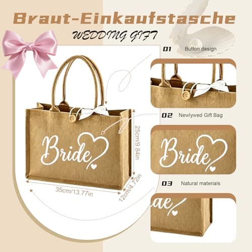 PUQGAOIP Bride Gift Bag, 3 Pcs Set with Jute Bride Bag with Makeup Pouch and Bow, Bride to Be Gifts for Hen Party, Bridal Shower Gifts for Bride,Travel Beach Shopping Handbag for Bride — view 5